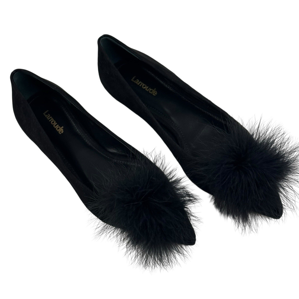 Larroude Lee Pom-Pom Black Suede Flats Womens Size 7.5 Pointed Toe New $295
